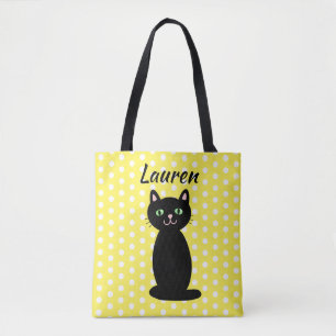 Personalised Black Cat Silhouette Polka Dots Tote Bag