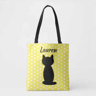 Personalised Black Cat Silhouette Polka Dots  Tote Bag