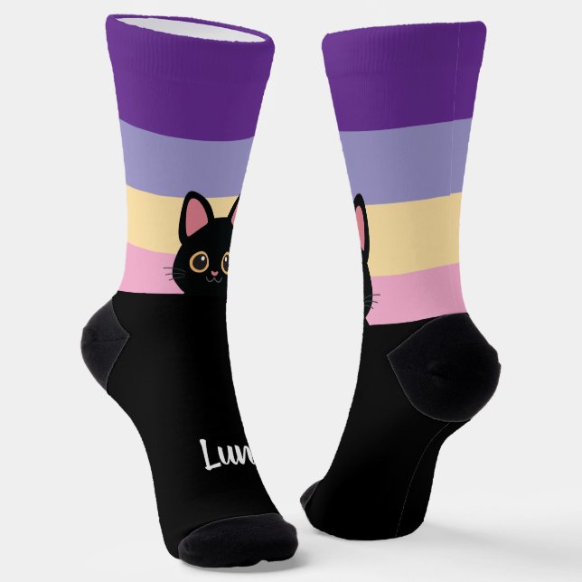 Personalised Black Cat Socks Custom Name Colour (Angled)