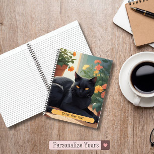 Personalised Black cat with potted flowers Notebook