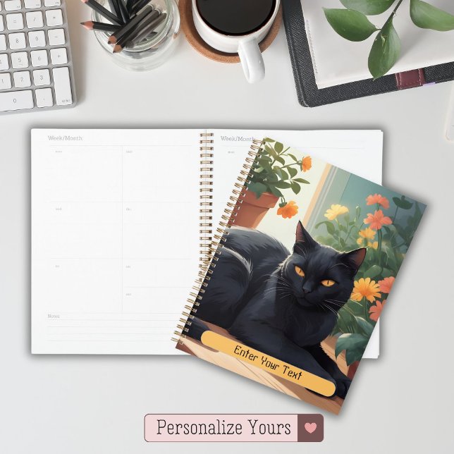 Personalised Black cat with potted flowers Planner (Personalized Black cat with potted flowers Planner)