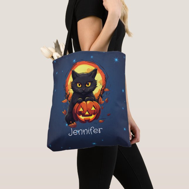 Personalised Black Cat with Pumpkin Halloween Tote Bag (Close Up)