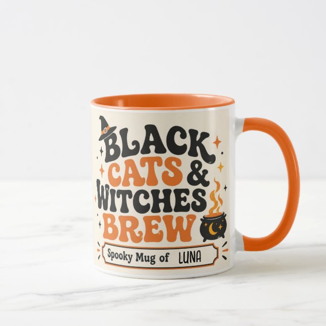 Personalised Black Cats & Witches Brew Halloween Mug (Right)