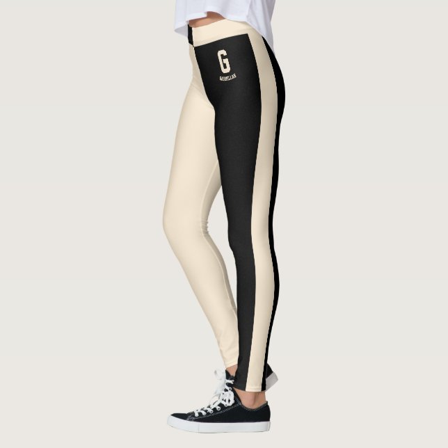 Personalised Black Champagne Gold Stripes Monogram Leggings (Left)