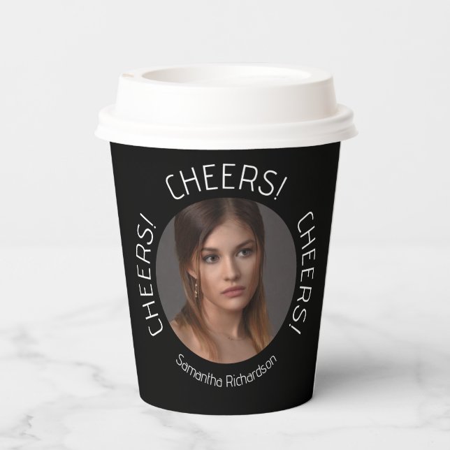 Personalised Black Cheers Photo Name Script  Paper Cups (Back)