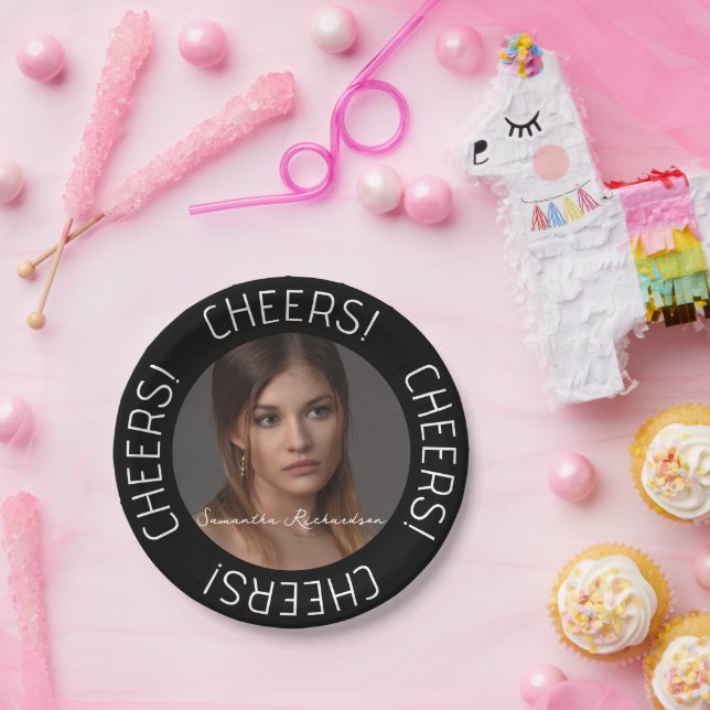 Personalised Black Cheers Photo Name Script  Paper Plate (Party)
