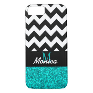 Personalised Black Chevron Cyan Glitter iPhone 8/7 Case