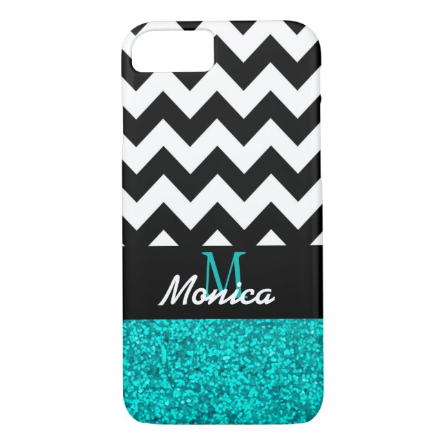Personalised Black Chevron Cyan Glitter Case-Mate iPhone Case (Back)