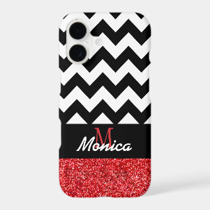Personalised Black Chevron Red Glitter