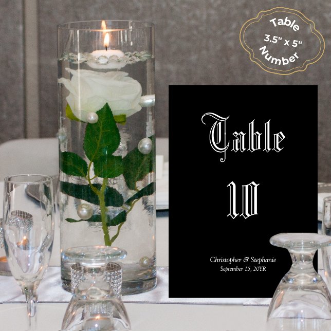 Personalised Black Chic Newspaper Style Seating  Table Number (Classic Black Newspaper Style Wedding Personalized Table Numbers White Calligraphy)