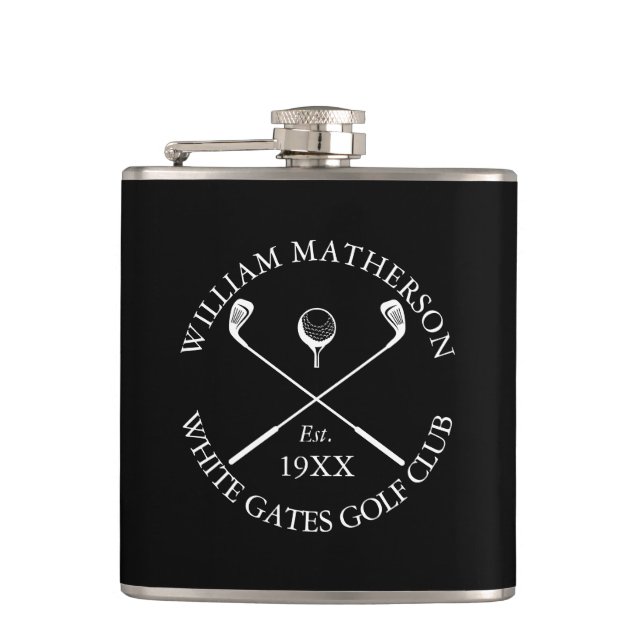 Personalised Black Classic Golf Club Name Hip Flask (Front)