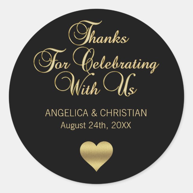 Personalised Black Colour Gold Thanks Wedding Classic Round Sticker (Front)