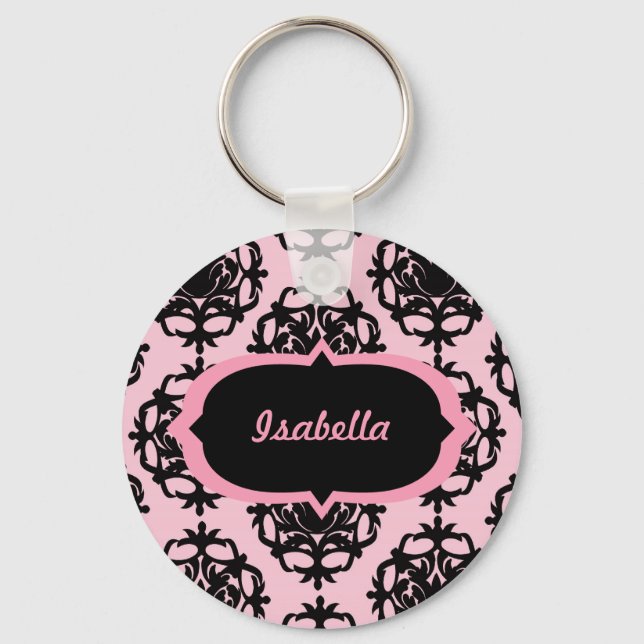 Personalised Black Damask on Pink Keychain (Front)