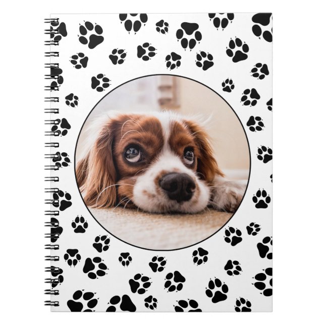Personalised Black Dog Pawprints Puppy Photo Notebook (Front)