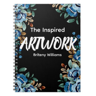 Personalised Black floral Artist Sketchbook Notebook