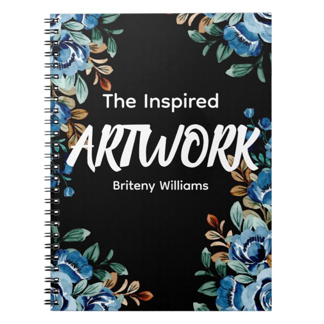 Personalised Black floral Artist Sketchbook Notebook (Front)