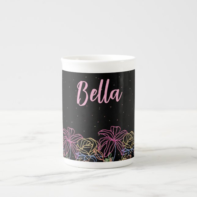 Personalised Black Floral  Starry Night Coffee Mug (Front)