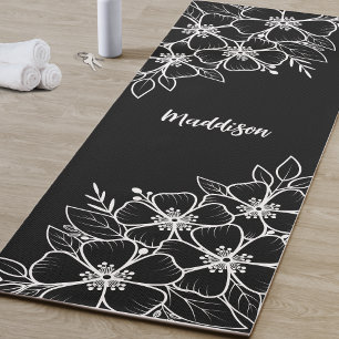 Personalised Black Flower Yoga Mat