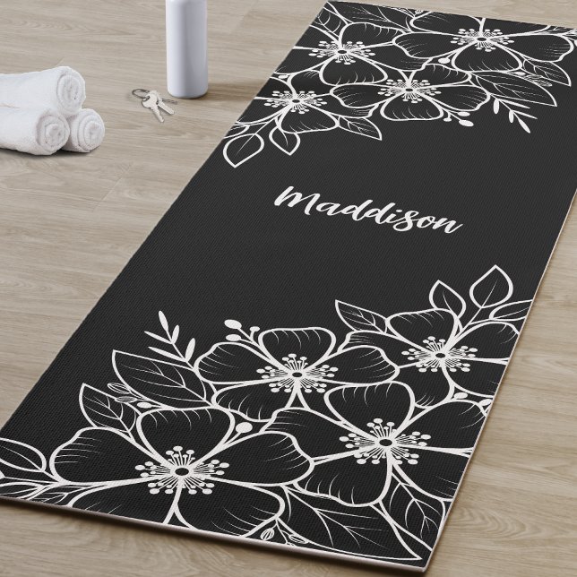 Personalised Black Flower Yoga Mat (Personalized Black Flower Yoga Mat )