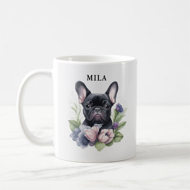 Personalised Black Frenchie Pug Dog Watercolor Coffee Mug (Left)