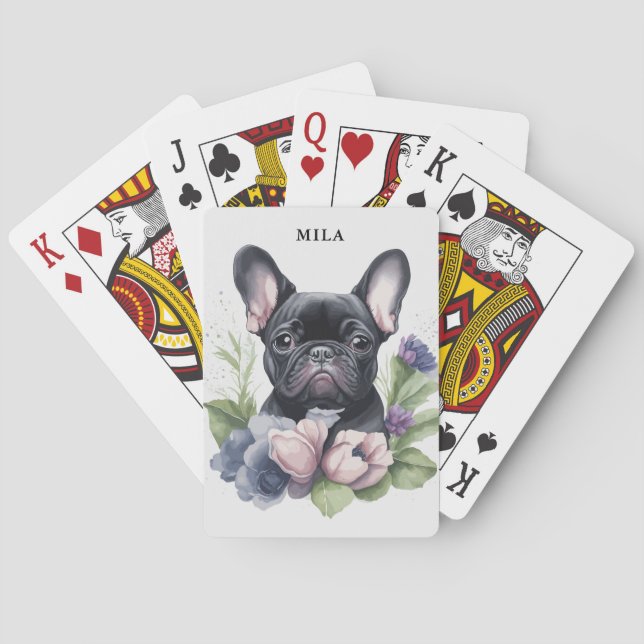 Personalised Black Frenchie Pug Dog Watercolor Playing Cards (Back)
