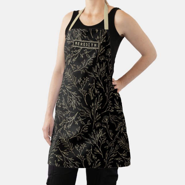 Personalised Black Gold Abstract Floral Apron (Insitu)