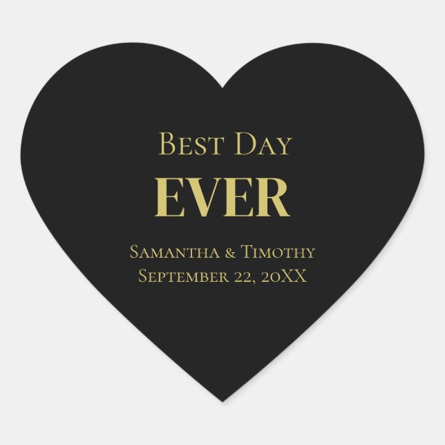 Personalised Black Gold Best Day Ever Wedding Heart Sticker (Front)