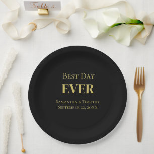 Personalised Black Gold Best Day Ever Wedding Paper Plate