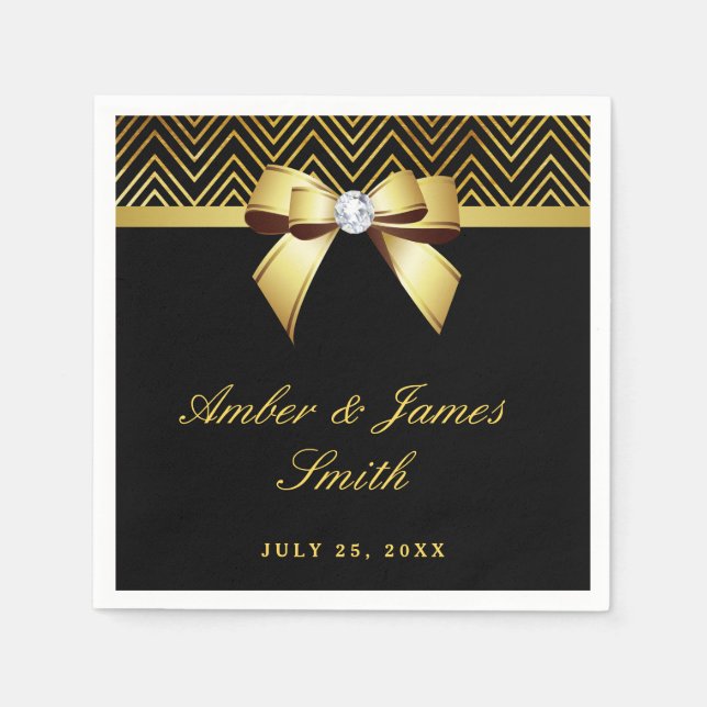 Personalised Black Gold Chevrons Bow Wedding Napkin (Front)
