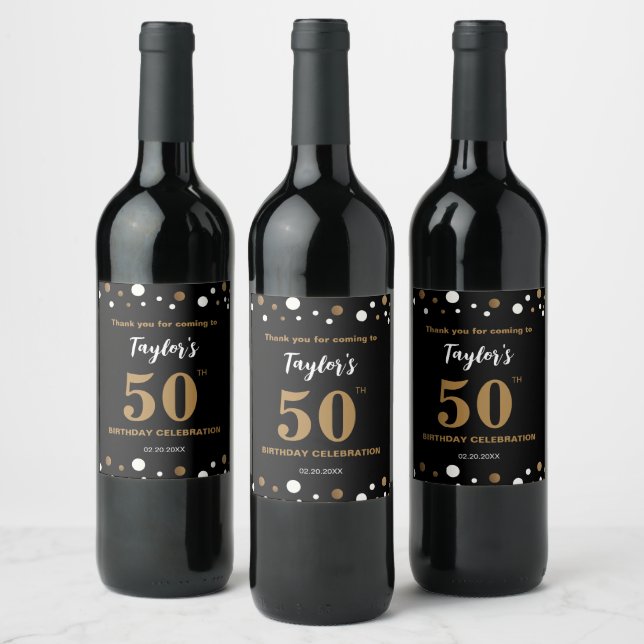 Personalised Black Gold Confetti 50th Birthday Wine Label (Bottles)