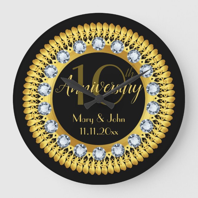 Personalised Black Gold Diamond Anniversary Luxury Large Clock (Front)