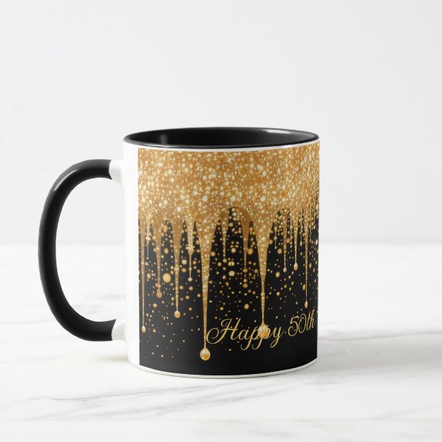 Personalised Black Gold Dripping Glitter Birthday Mug (Left)