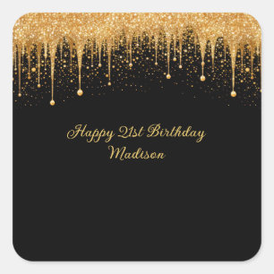Personalised Black Gold Dripping Glitter Birthday Square Sticker