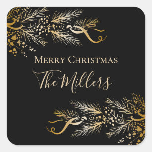 Personalised Black Gold Elegant Merry Christmas Square Sticker
