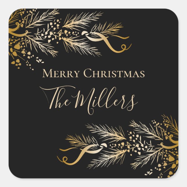 Personalised Black Gold Elegant Merry Christmas Square Sticker (Front)