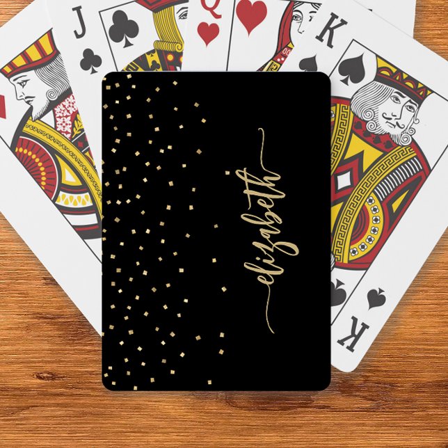 Personalised Black Gold Elegant Script Confetti Playing Cards (Creator Uploaded)
