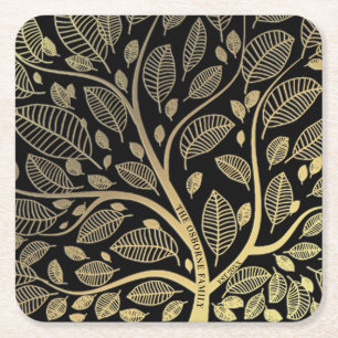 Personalised Black Gold Family Tree Year Est Square Paper Coaster