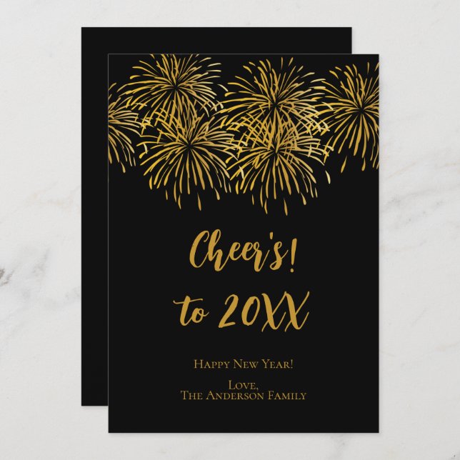 Personalised Black Gold Fireworks Happy New Year  Announcement (Front/Back)