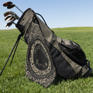 Personalised Black Gold Floral Pattern Monogram Golf Towel