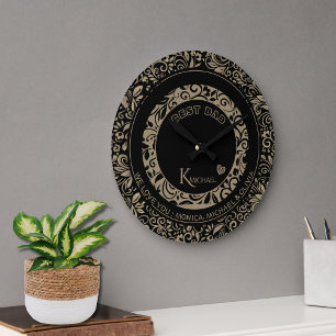 Personalised Black Gold Floral Pattern Monogram Large Clock