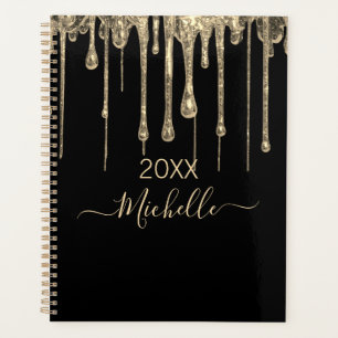 Personalised Black Gold Glitter Monogram Name 2025 Planner
