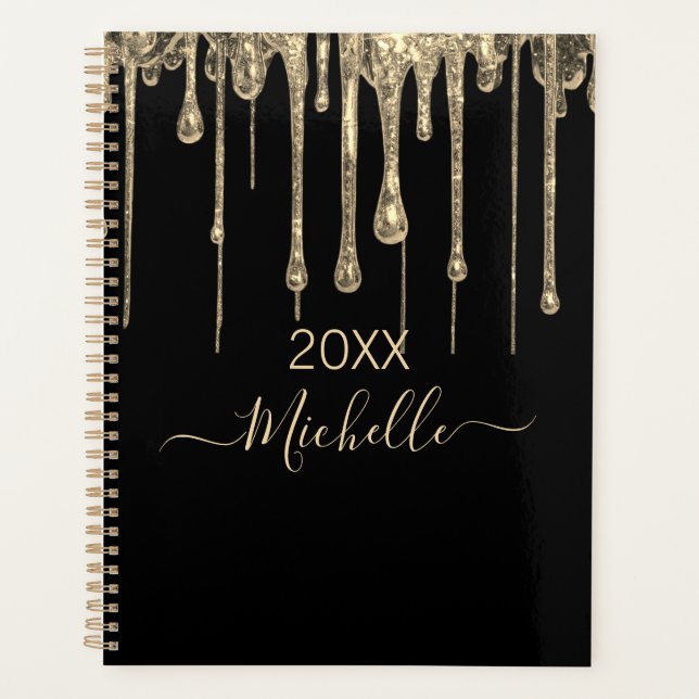 Personalised Black Gold Glitter Monogram Name 2025 Planner (Front)