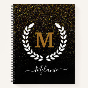 Personalised Black Gold Glitter Monogram Name Notebook