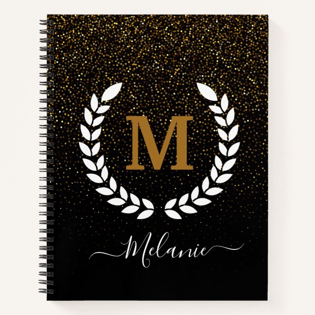 Personalised  Black Gold Glitter Monogram Name Notebook (Front)