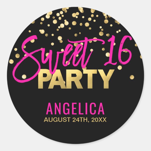 Personalised Black Gold Hot Pink Sweet SIXTEEN 16 Classic Round Sticker (Front)