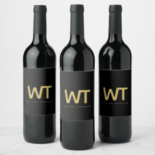 Personalised Black Gold Initials Logo  Wine Label