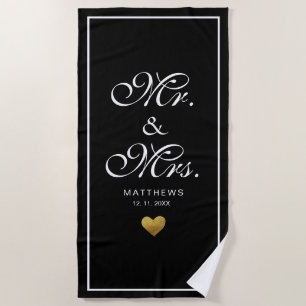 Personalised black gold love Heart mr and mrs Beach Towel