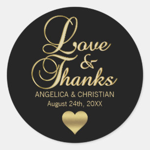 Personalised Black Gold LOVE & THANKS Wedding Classic Round Sticker
