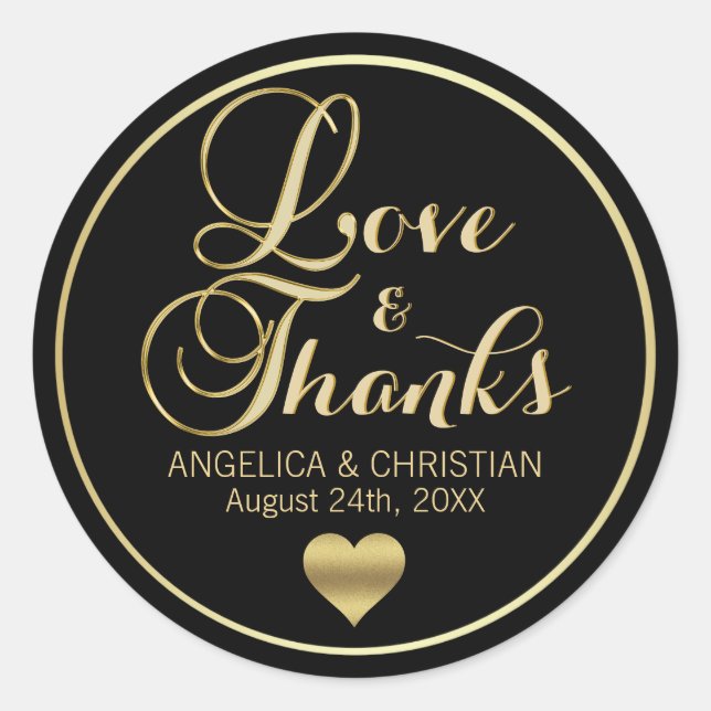 Personalised Black Gold LOVE & THANKS Wedding Classic Round Sticker (Front)