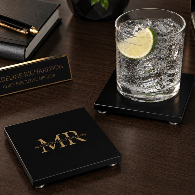 Personalised Black Gold Monogram Executive Glass  Coaster (Professional black and gold monogram glass coasters)
